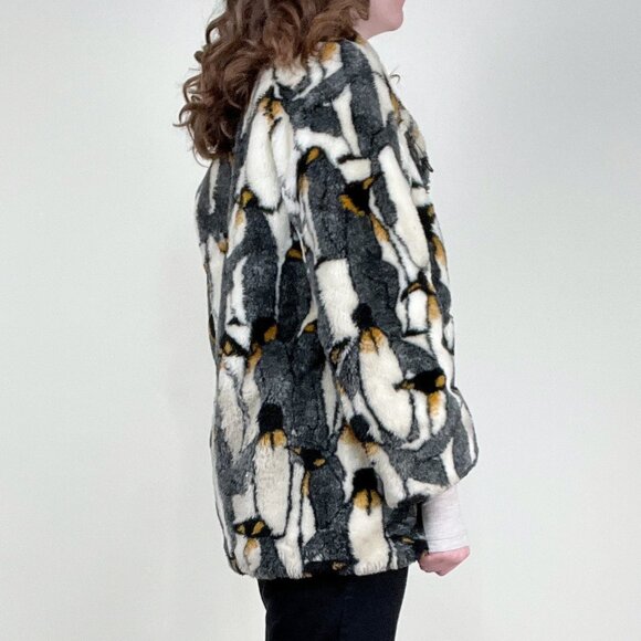 Vintage Novelty Print Penguin Pea Coat Faux Fur Teddy Jacket Oversized Peacoat - Picture 3 of 11